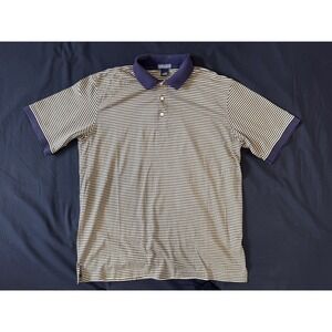 Vtg 90s Lands' End Striped Navy Yellow Polo Cotton Shirt Men's L 42-44 Peru Made